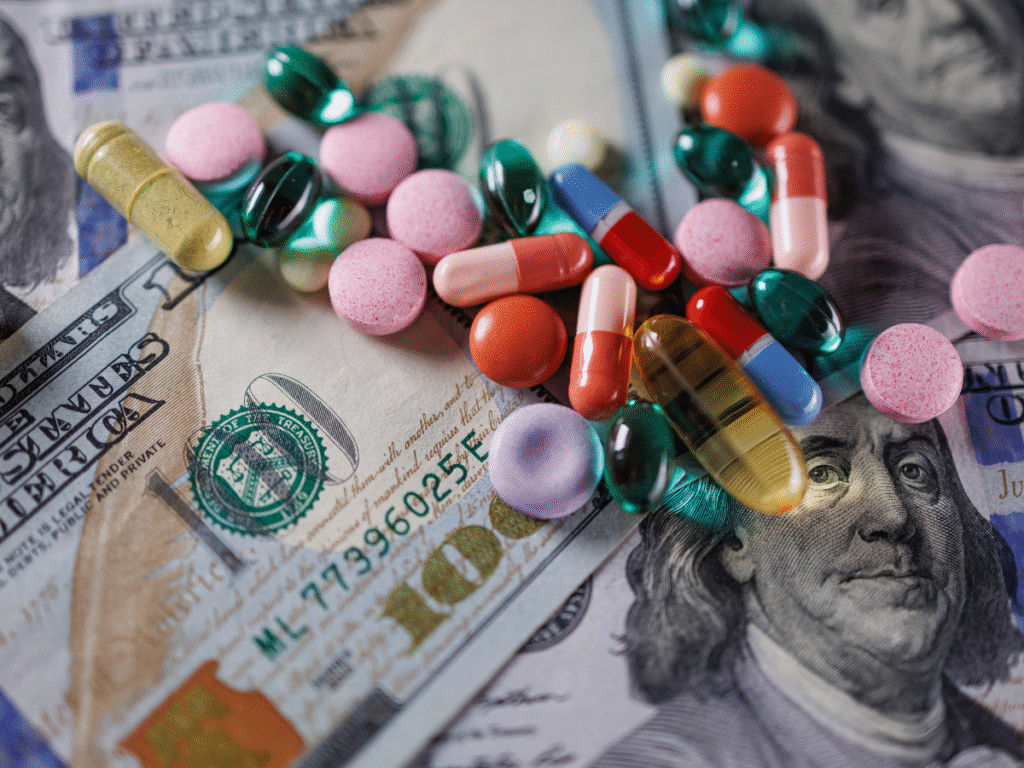 Assorted prescription pills and capsules scattered across US dollar banknotes, illustrating healthcare costs and pharmaceutical spending.