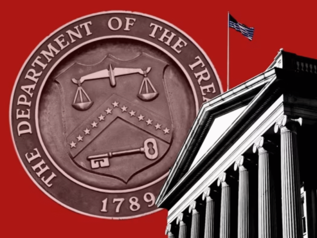 Illustration showing the seal of the US Department of the Treasury alongside the US Supreme Court building with the American flag.