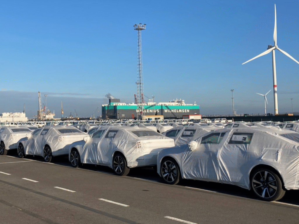New cars parked in rows at the port of Zeebrugge in Belgium, October 24, 2024