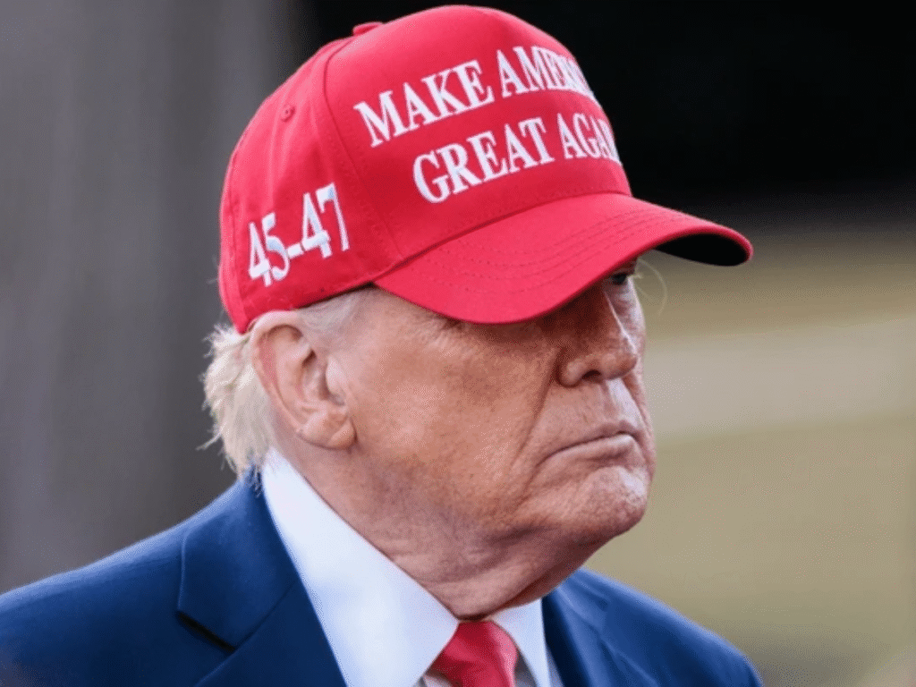 U.S. President Donald Trump wearing a red “Make America Great Again” cap
