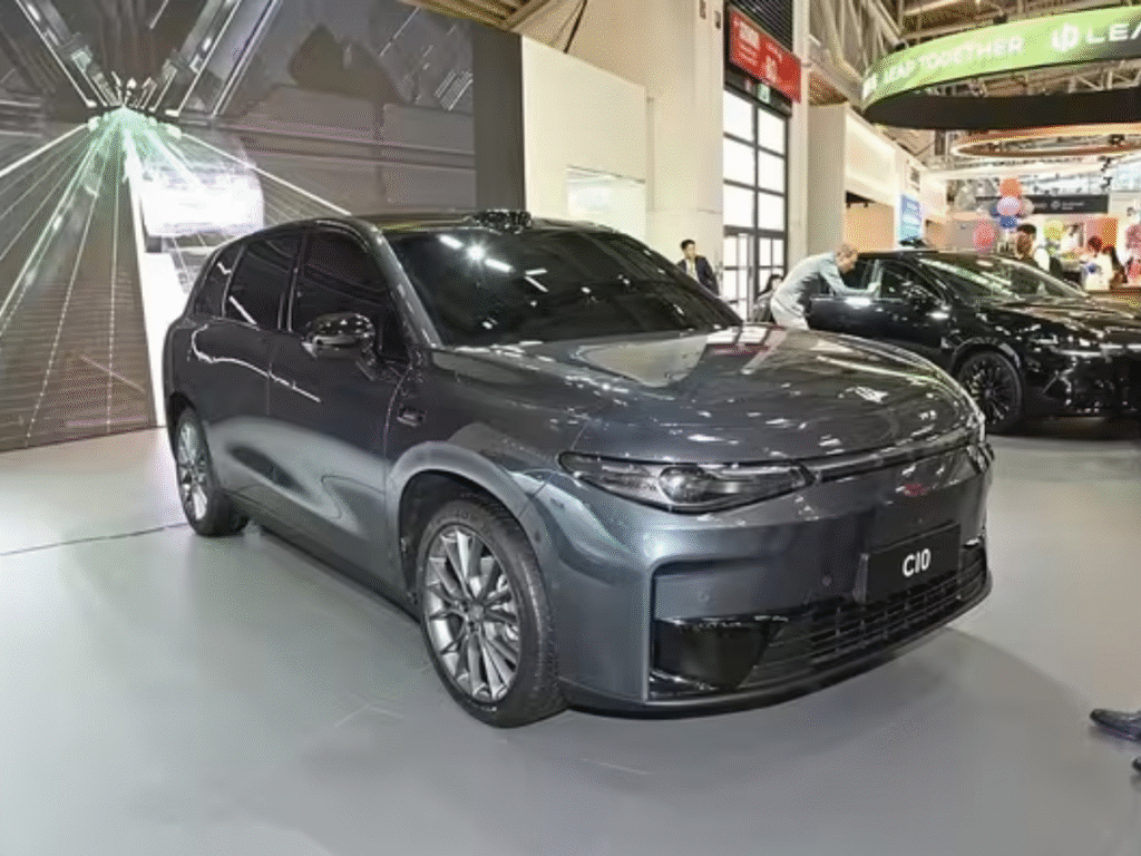 Leapmotor electric vehicles China sets decade plan for multi-million annual volumes Leapmotor C10 electric SUV displayed on a showroom floor in China during a public vehicle showcase.