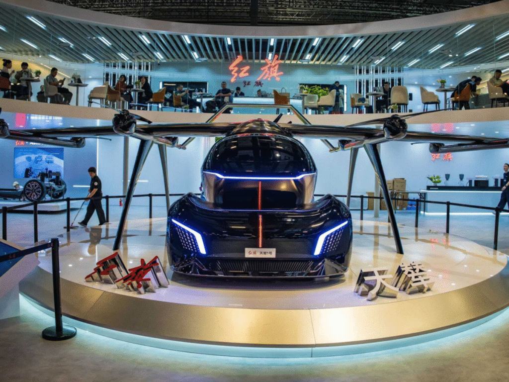 Hongqi Tiannian 1 flying car displayed at the Shanghai Auto Expo, featuring a futuristic design with extended rotor arms and illuminated front lights.