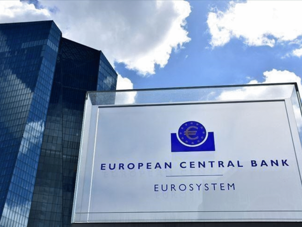 Exterior view of the European Central Bank headquarters with the ECB logo visible on the building.