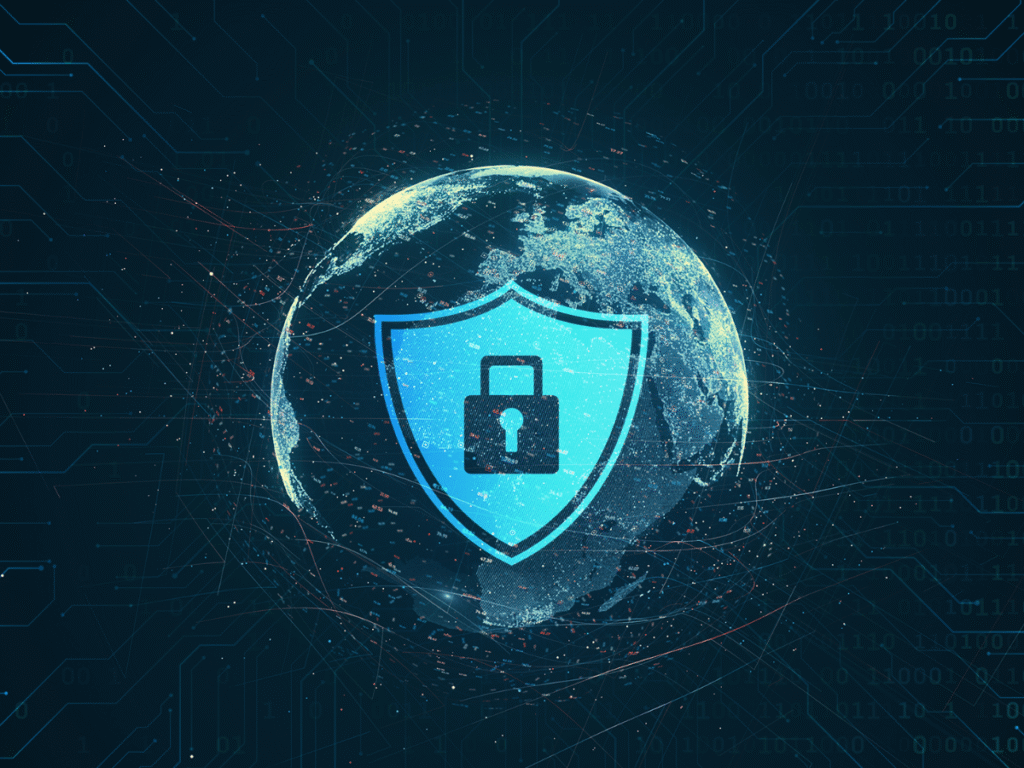 Illustration of a digital security shield with a padlock icon placed over a globe, symbolizing global cybersecurity protection.