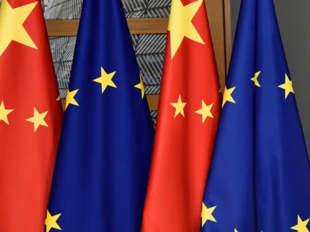 Flags of China and the European Union displayed side by side during discussions on electric vehicle trade measures