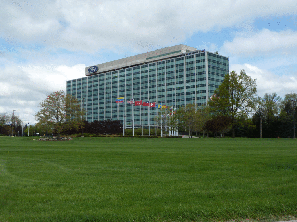 Exterior view of a Ford building in Michigan featuring a landscaped green roof garden.