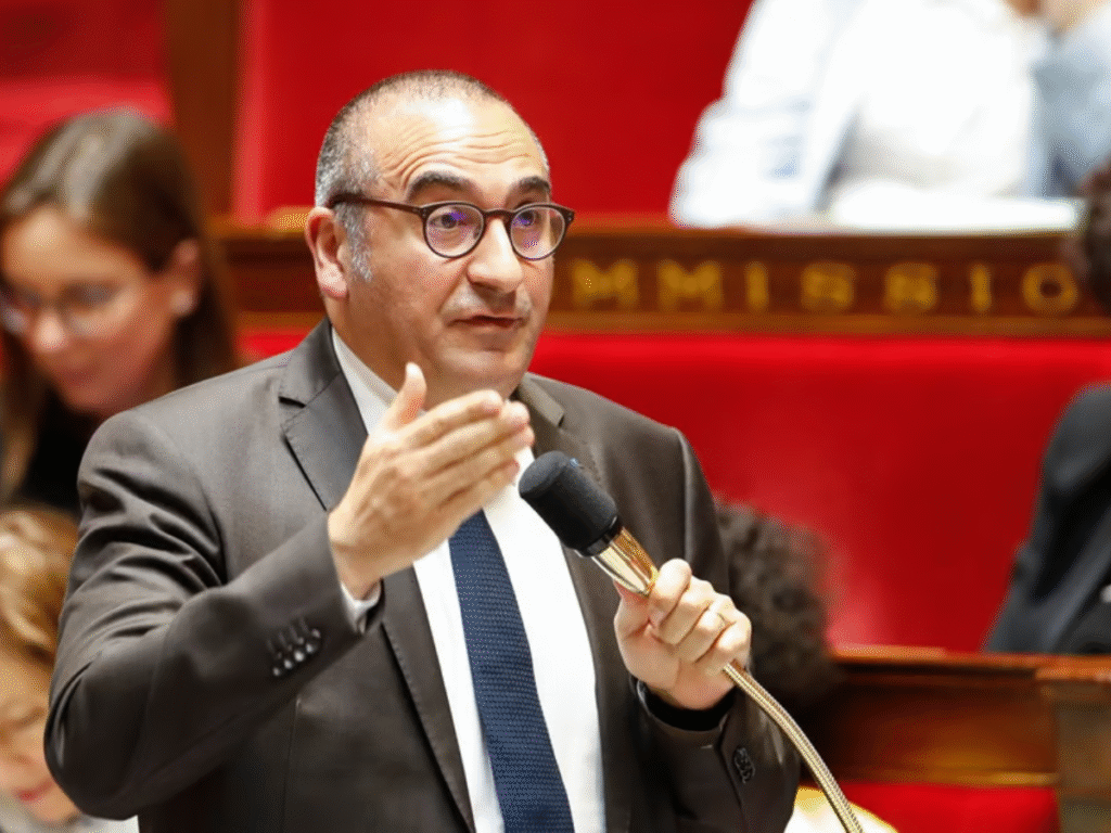 French Interior Minister Laurent Nunez speaking into a microphone while addressing lawmakers in a parliamentary chamber