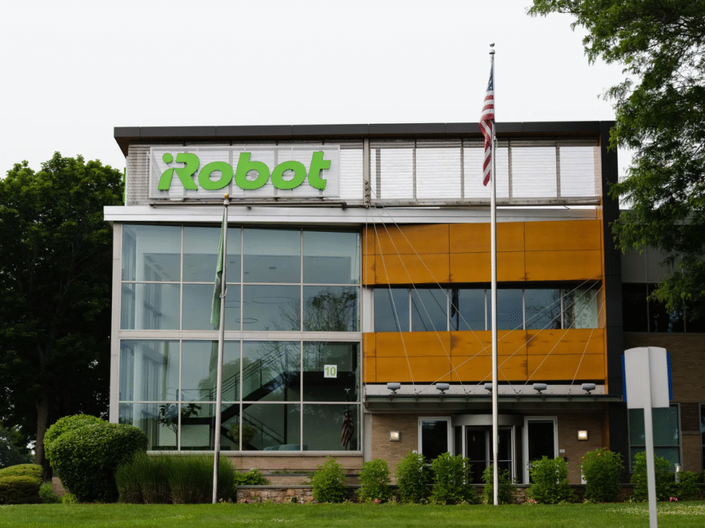 iRobot headquarters building with company logo displayed at the main entrance in the United States.