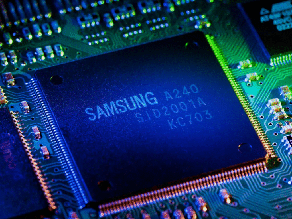 Samsung and SK Hynix secure US approval for China chipmaking tools in 2026 Samsung Electronics logo displayed on a semiconductor chip mounted on a computer motherboard.