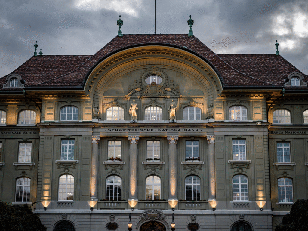 Exterior view of the Swiss National Bank building with its official signage visible.