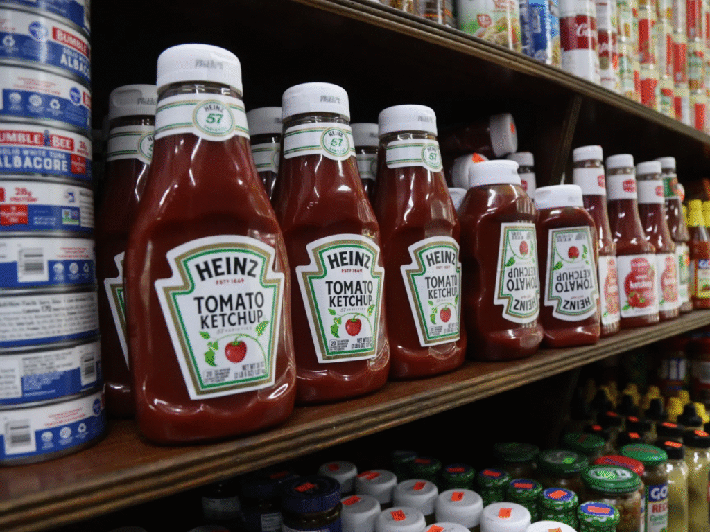Kraft Heinz CEO appointment set as company prepares structural separation ottles of Heinz Tomato Ketchup displayed on a grocery store shelf alongside other packaged food products.